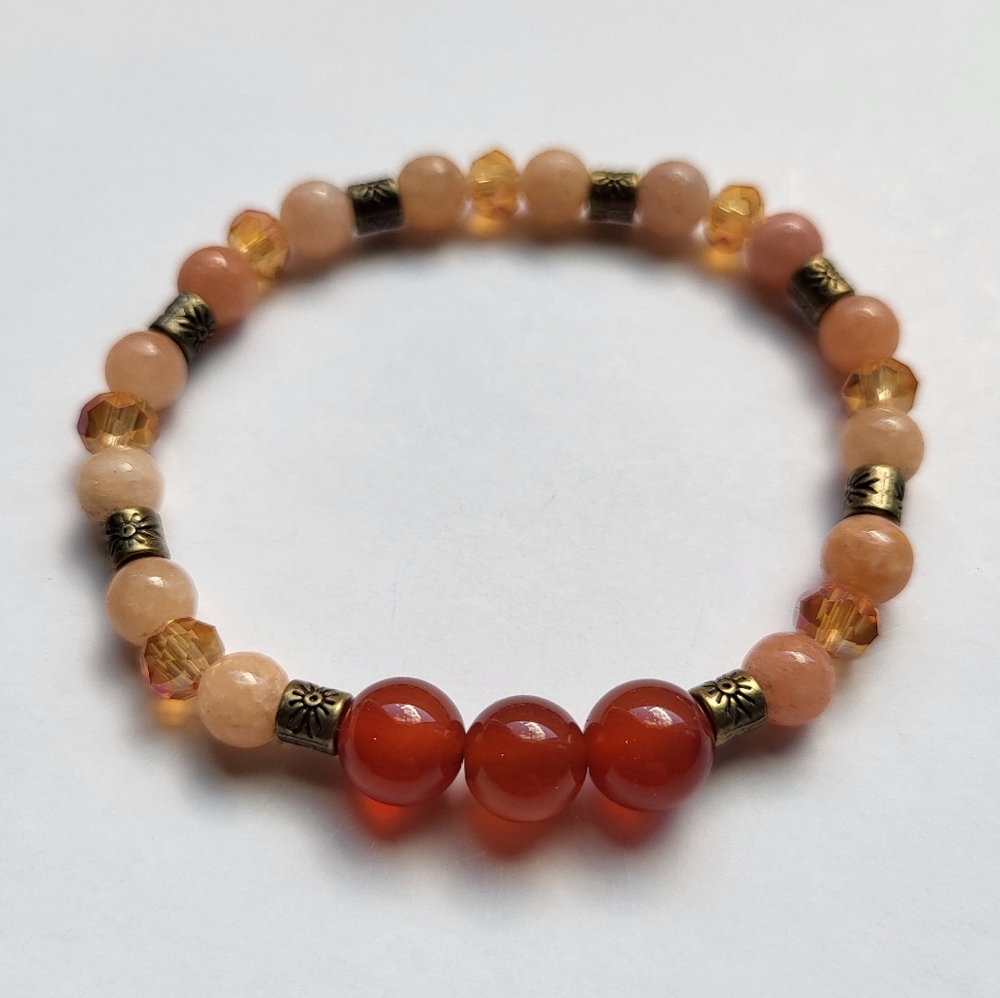Handmade Beaded Bracelet Made With Carnelian, Orange Calcite, Metal And Glass